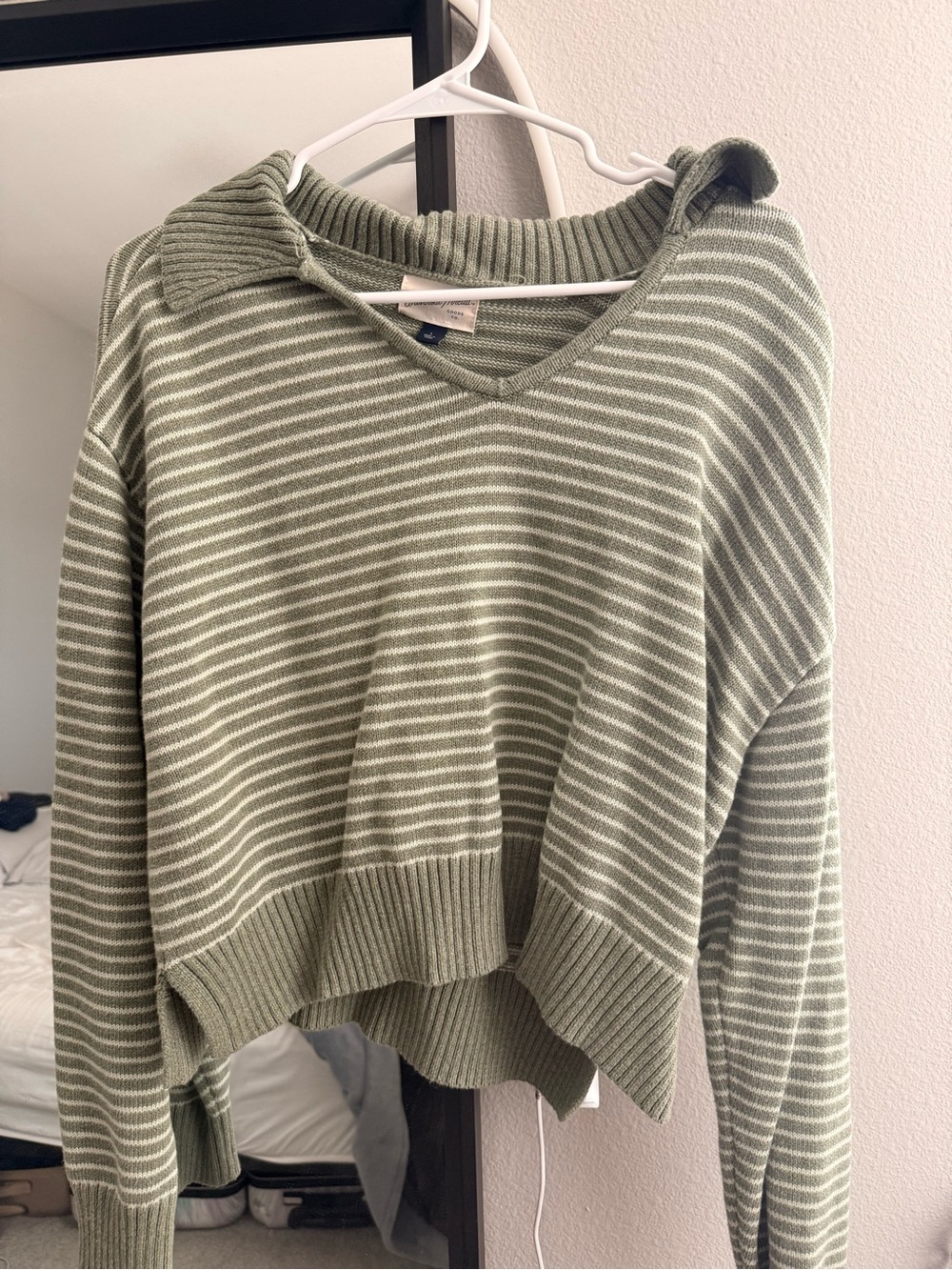 Costal Sage Green and white Striped V-Neck Sweater